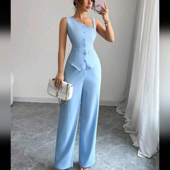 2pcs Spring/Summer Spaghetti Strap Button Sleeveless Vest And Straight Leg Pants - Picture 3 of 4